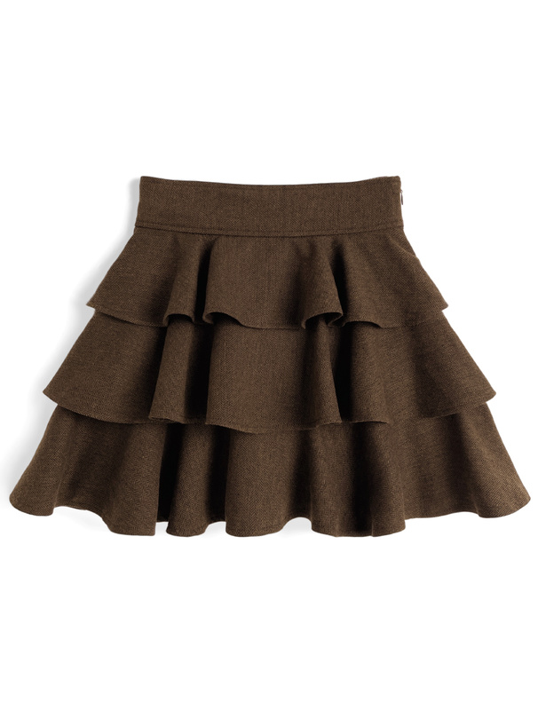 ヘリンボーン柄バックレースアップティアードフリルミニスカート