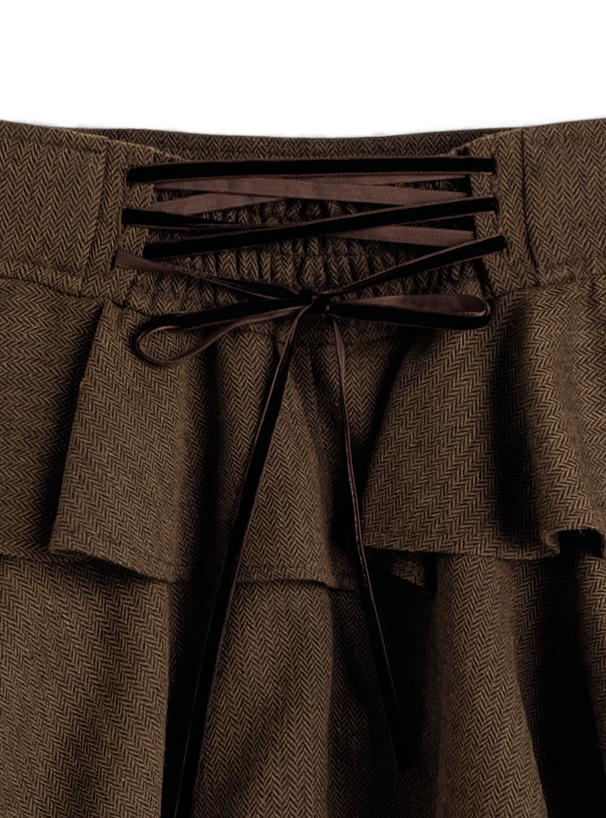 ヘリンボーン柄バックレースアップティアードフリルミニスカート