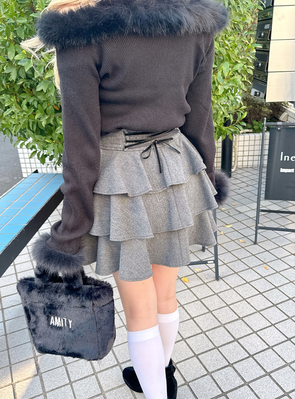 ヘリンボーン柄バックレースアップティアードフリルミニスカート