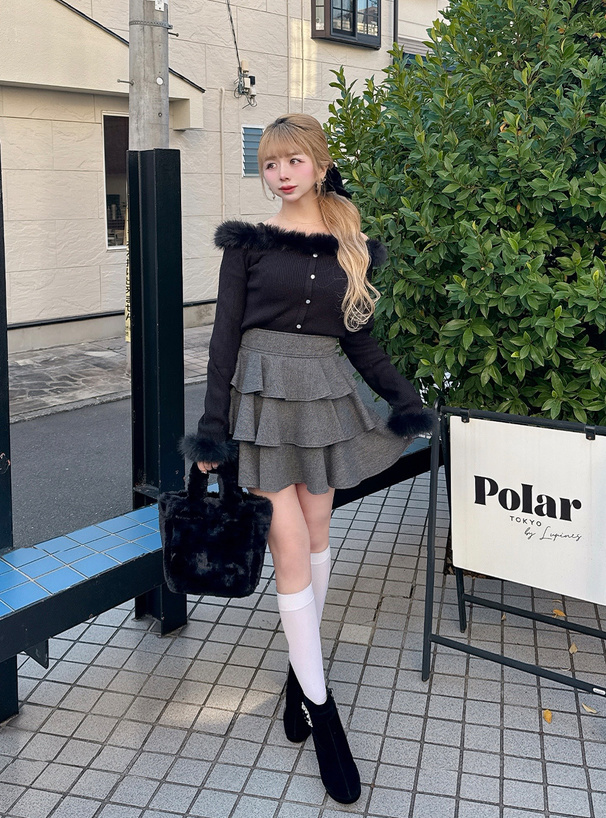 ヘリンボーン柄バックレースアップティアードフリルミニスカート