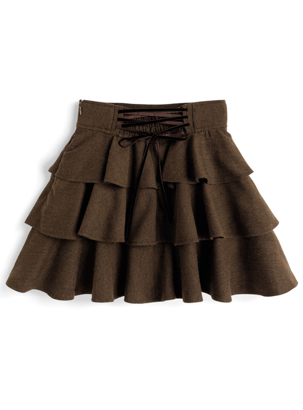 ヘリンボーン柄バックレースアップティアードフリルミニスカート