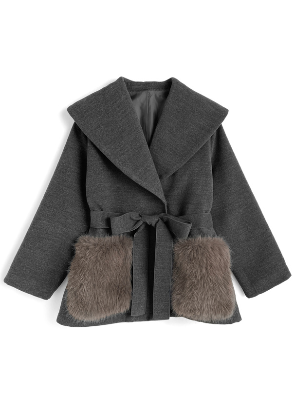 リボンベルト付きファーポケットガウンコート[ask150]