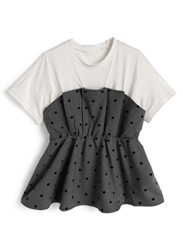 ドット柄ドッキングペプラムトップス