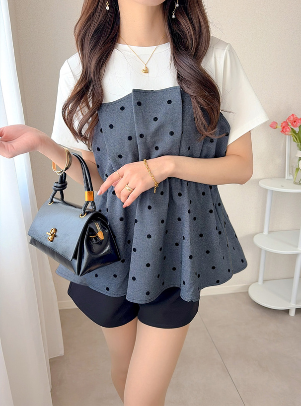 ドット柄ドッキングペプラムトップス