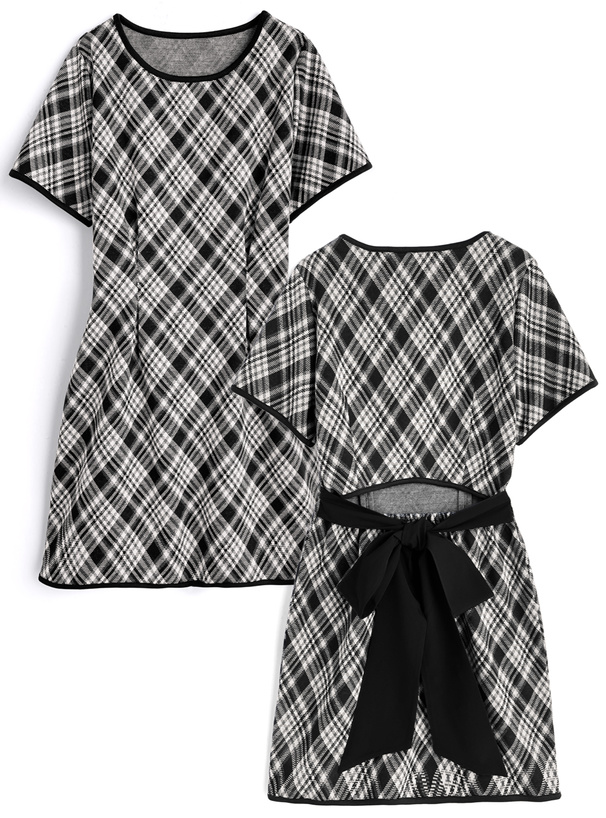 バイアスチェック柄バックオープンリボンミニワンピース