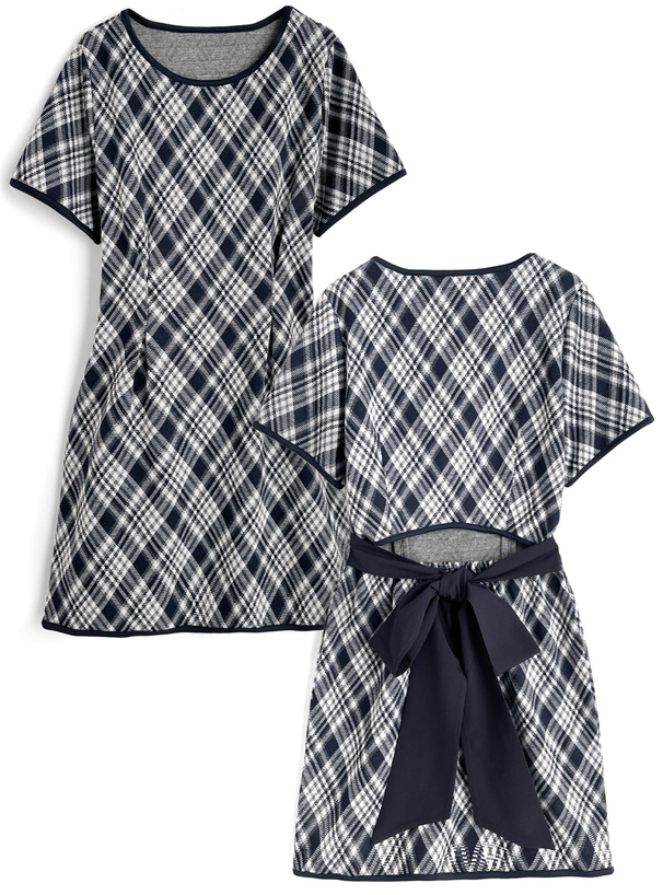 バイアスチェック柄バックオープンリボンミニワンピース