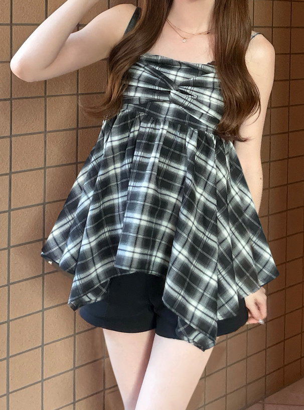 チェック柄ツイストイレヘムキャミソールトップス