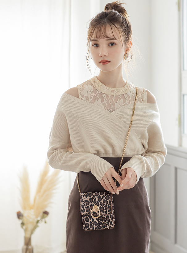 レースハイネックドッキングカシュクールニットトップス