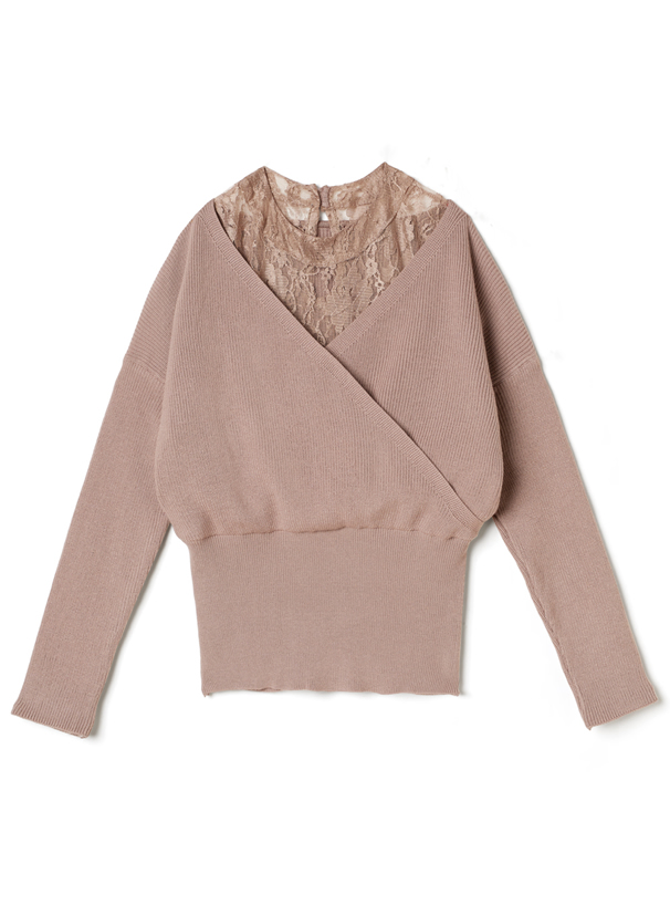レースハイネックドッキングカシュクールニットトップス