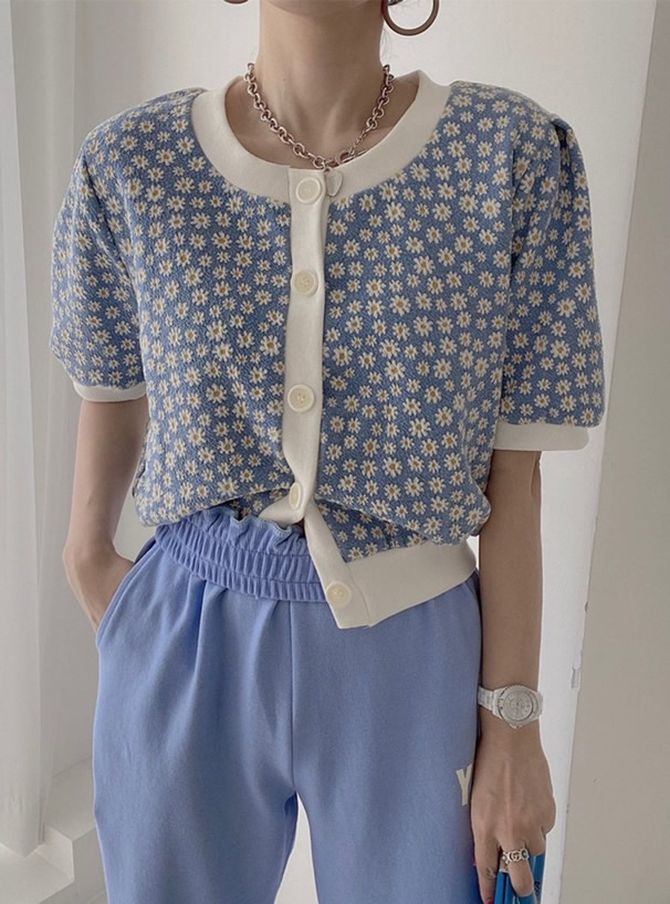デイジー花柄ショート丈ニットカーディガン
