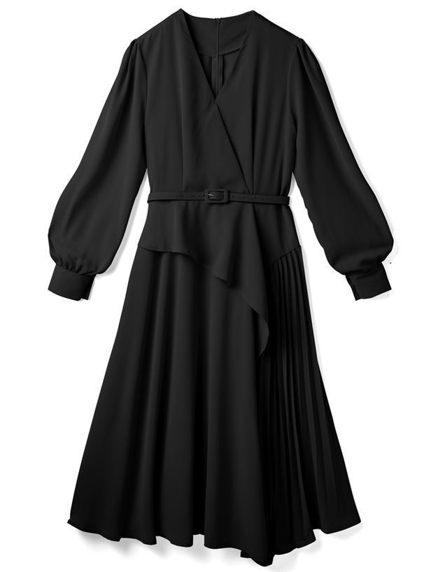 ベルト付きアシンメトリーカシュクールプリーツワンピース