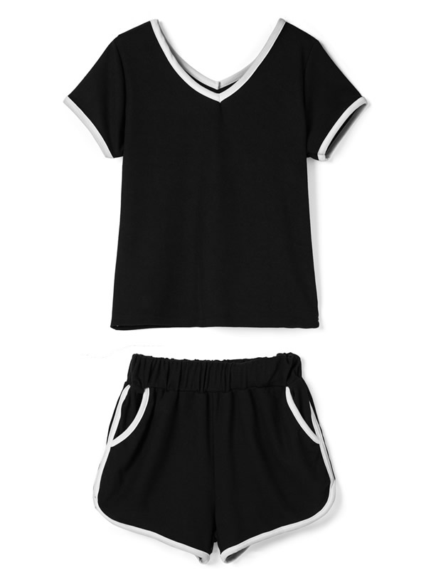 配色ラインTシャツxショートパンツセットアップ
