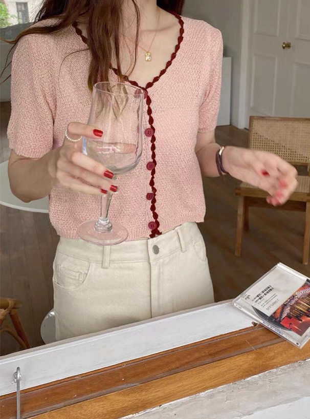 配色スカラップニットカーディガン