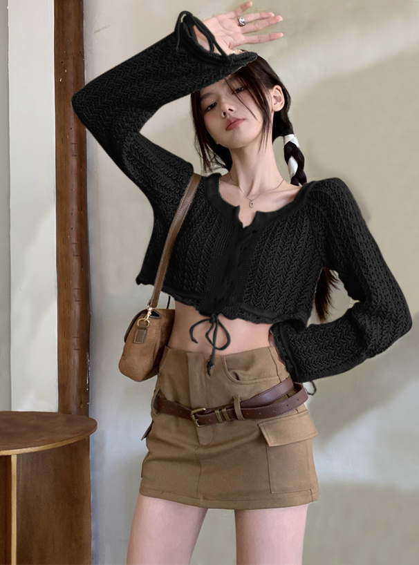 透かし編みレースアップショート丈ニットトップス[at2082