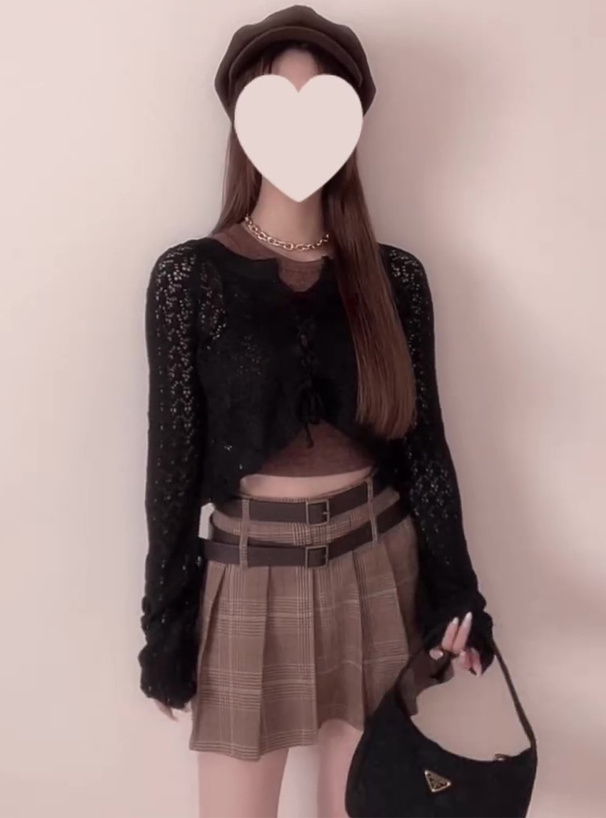 透かし編みレースアップショート丈ニットトップス[at2082