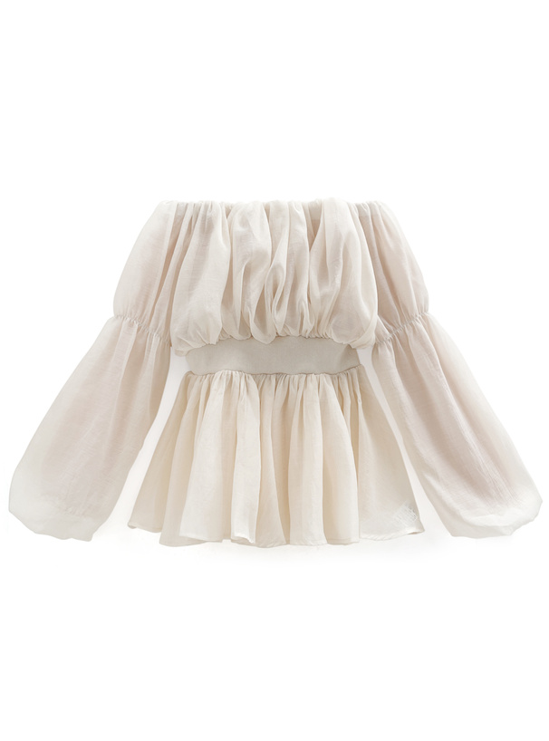 オフショルダーバルーンスリーブシフォンブラウス