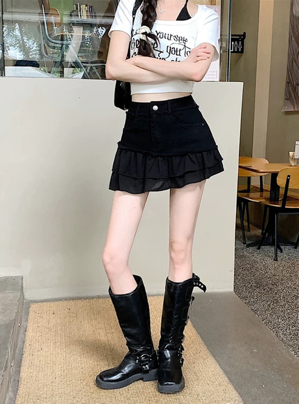 インパン裏地付きデニムフリルミニスカート