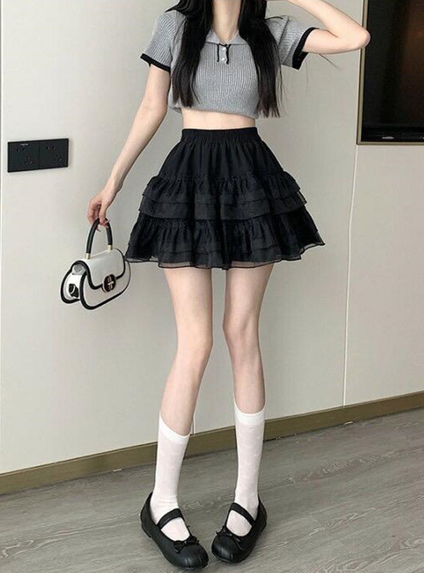 インパン裏地付きレースフリルティアードミニスカート