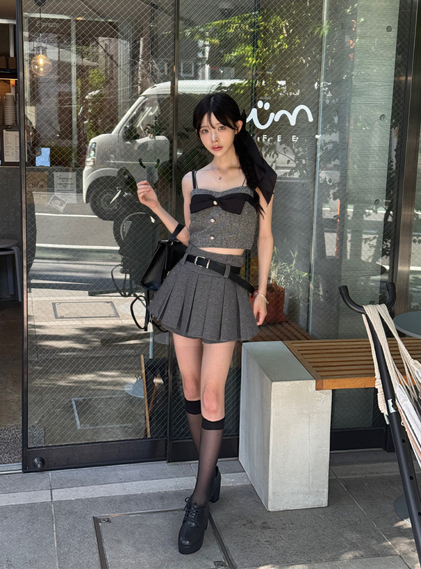 ベルト・インパン裏地付きプリーツミニスカート