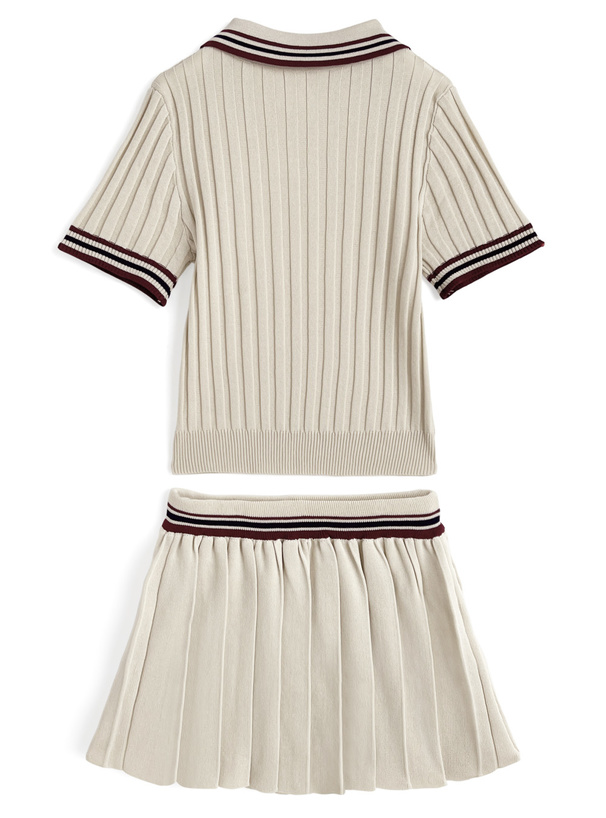 ポロトップス×プリーツミニスカートラインニットセットアップ