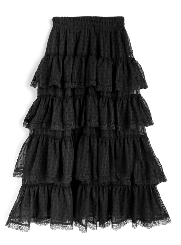 gentil ブラック！ドットのレースフリル付き黒フレアスカート Ｍサイズ gentil ブラック！ドットのレースフリル付き黒フレアスカート M