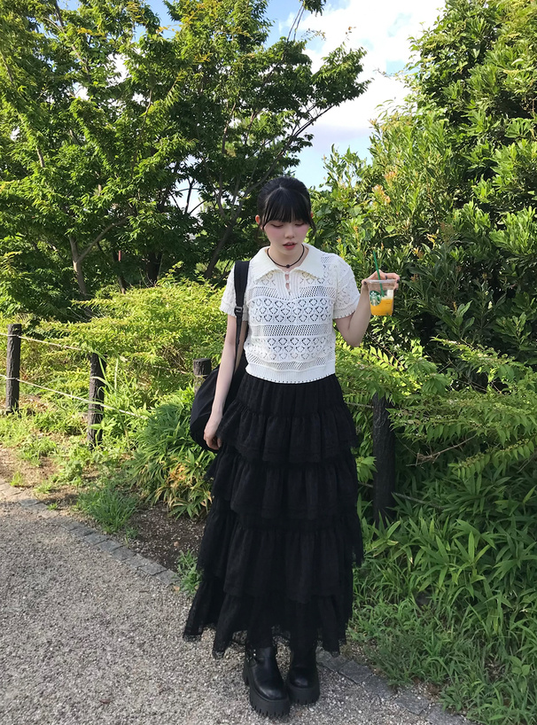 ドット柄レースフリルティアードスカート