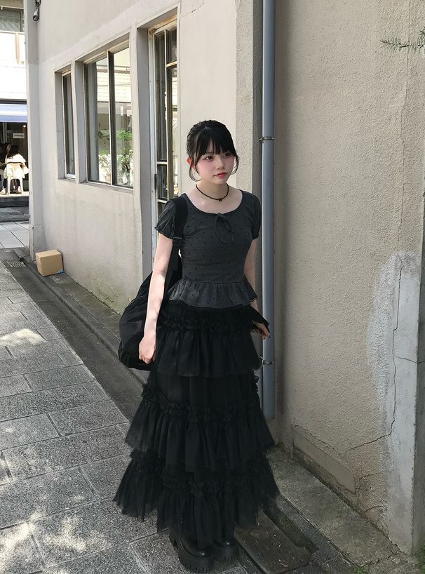 【C❤︎プロフ必読】黒 チュール ティアード ロングスカート 大人ティアードフリルチュールスカート ロング（スカート）｜DAY