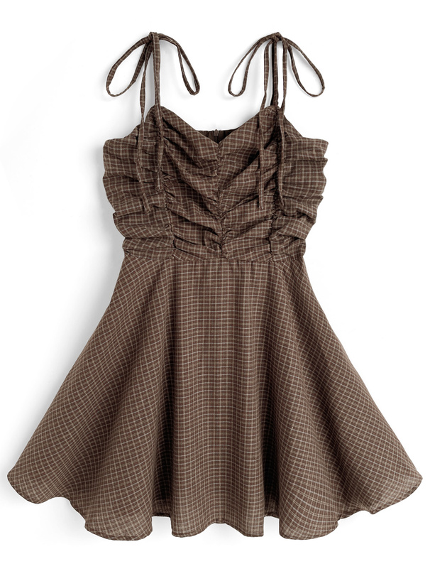 チェック柄ギャザーリボンミニワンピース[at2529]