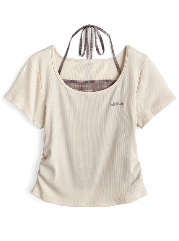 チェック柄ホルターネックロゴ刺繍トップス[at2537]