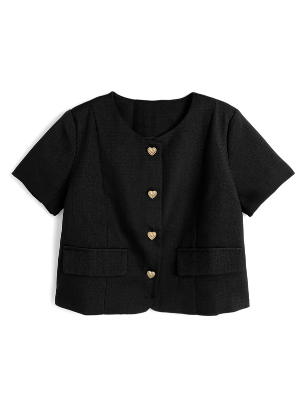 キルティングハートボタンノーカラー半袖ジャケット