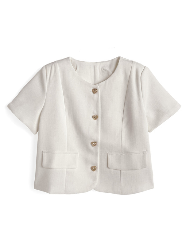 キルティングハートボタンノーカラー半袖ジャケット