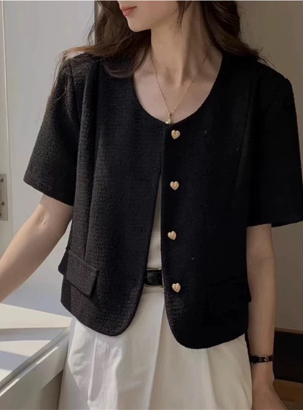キルティングハートボタンノーカラー半袖ジャケット