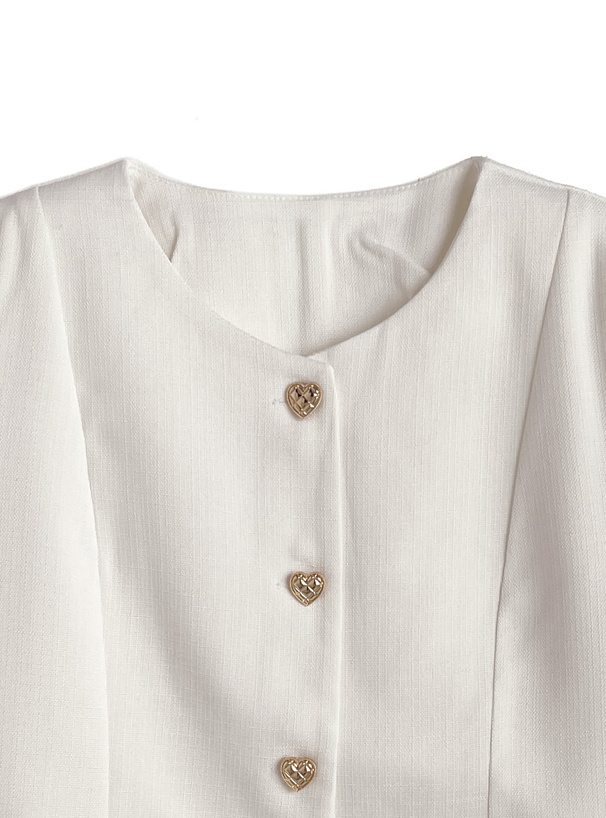 キルティングハートボタンノーカラー半袖ジャケット