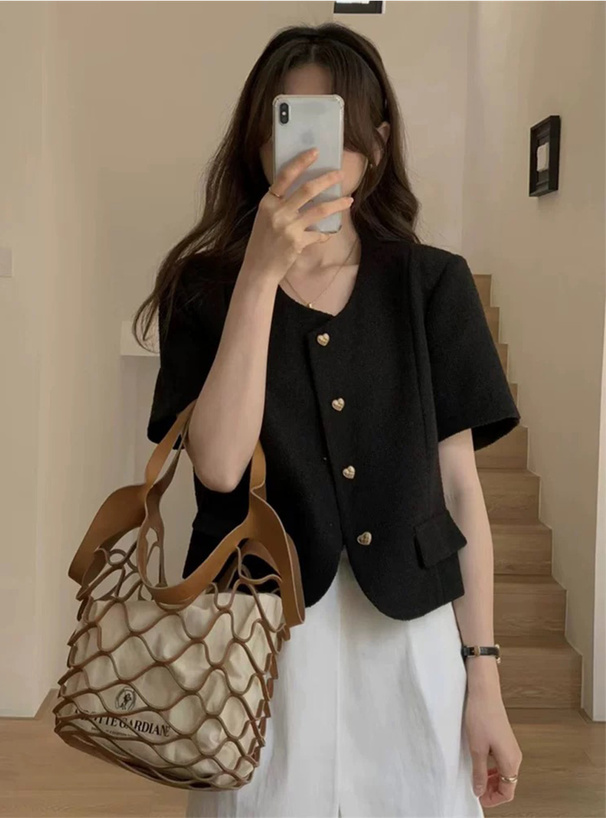 キルティングハートボタンノーカラー半袖ジャケット