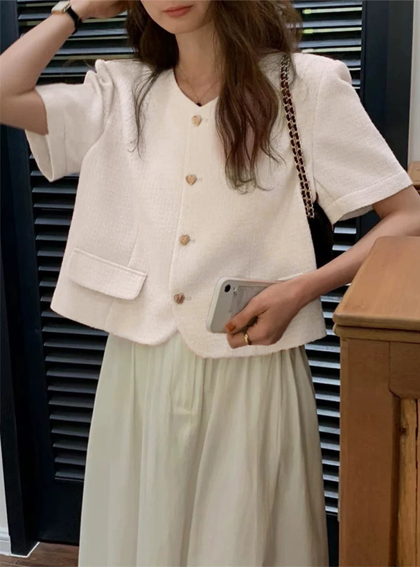 キルティングハートボタンノーカラー半袖ジャケット