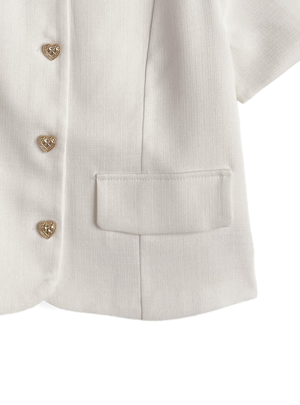 キルティングハートボタンノーカラー半袖ジャケット