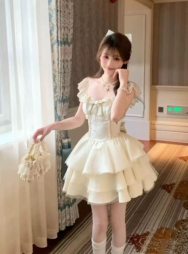 レースフリルリボンティアードミニワンピース[at2541