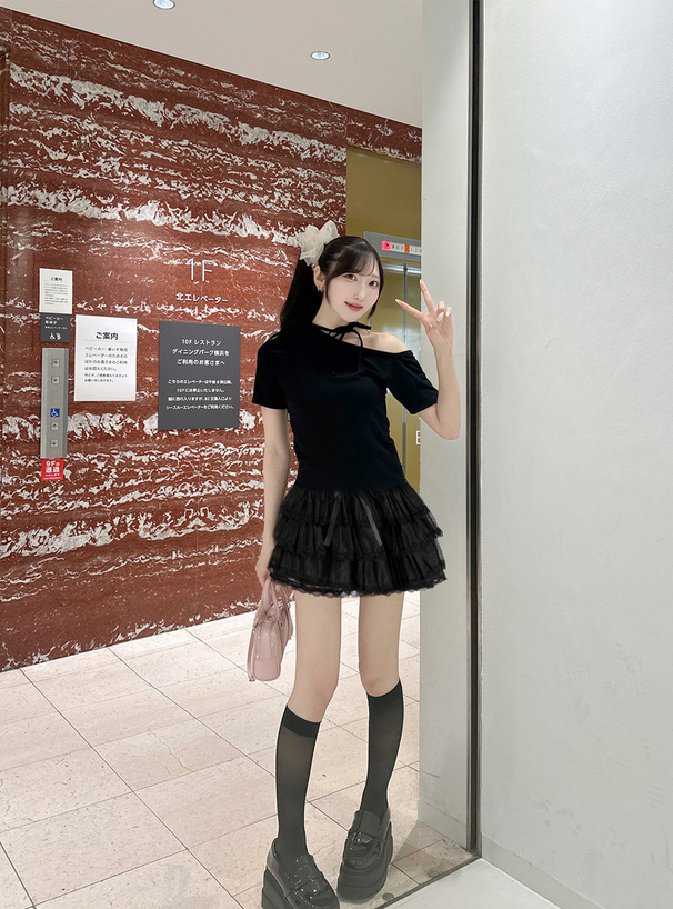 インパン付きシアーフリルティアードレースミニスカート[at2547