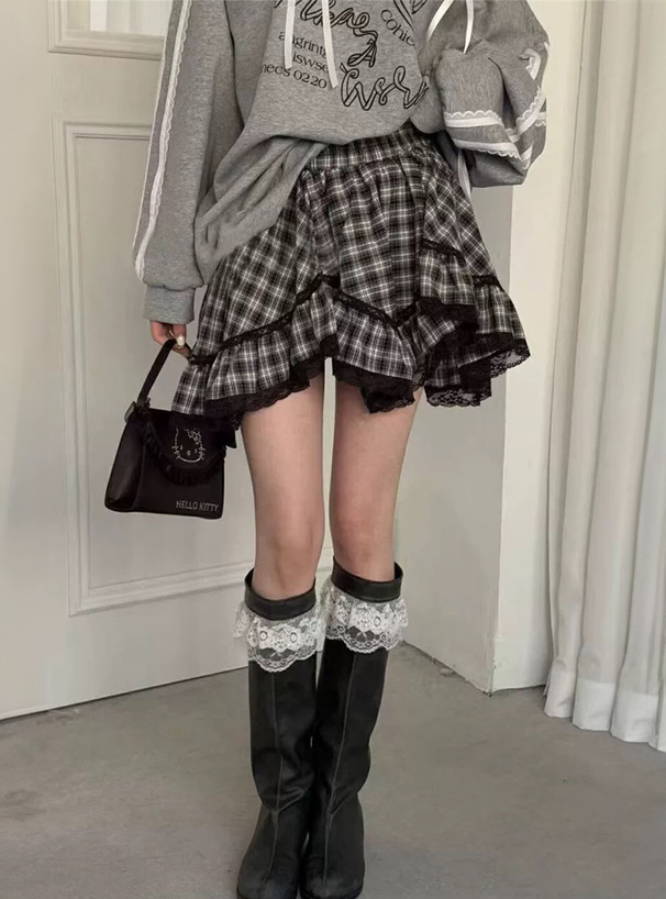 インパン裏地付イレヘムチェックレースミニスカート