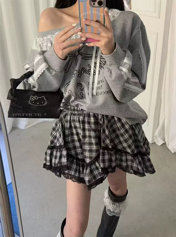 インパン裏地付イレヘムチェックレースミニスカート