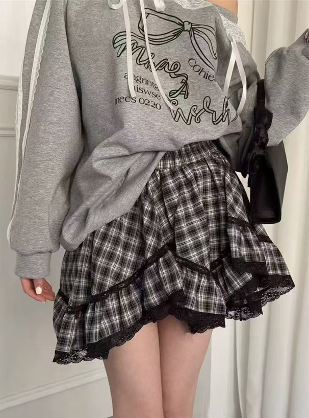 インパン裏地付イレヘムチェックレースミニスカート