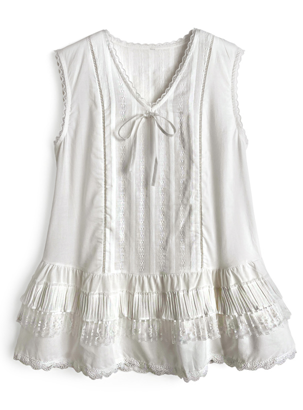 リボンレースフリルノースリーブブラウス[at2555]