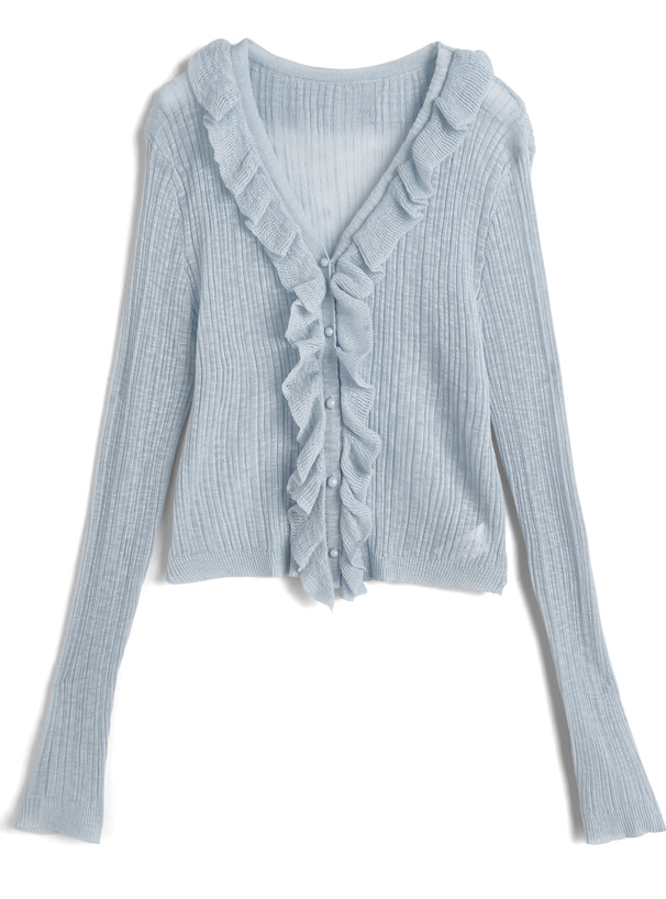 シアーフリルVネックリブカーディガン