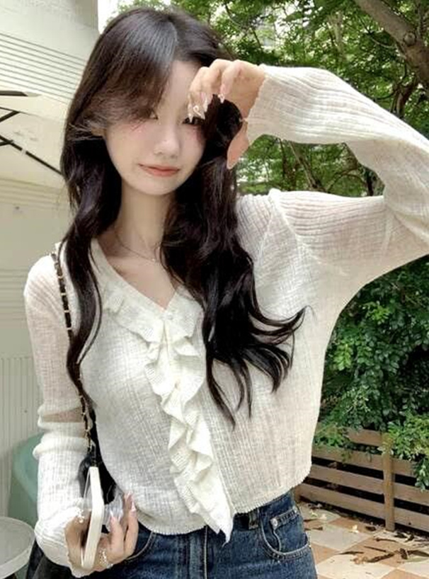 シアーフリルVネックリブカーディガン