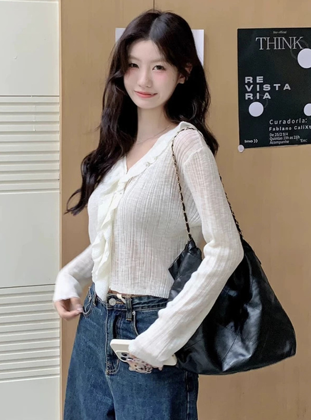 シアーフリルVネックリブカーディガン