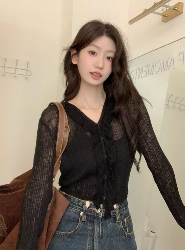 シアーフリルVネックリブカーディガン