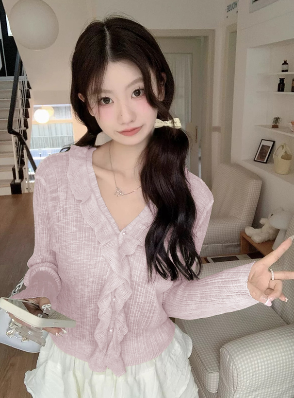 シアーフリルVネックリブカーディガン