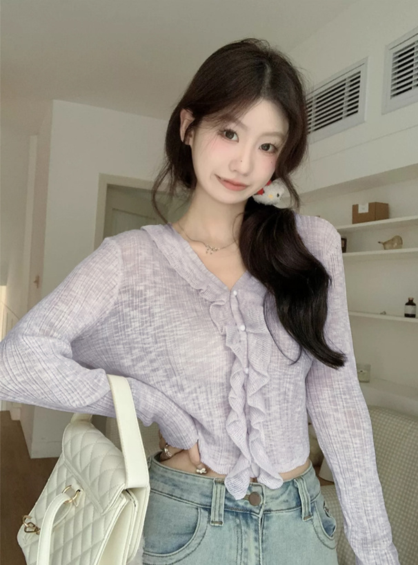 シアーフリルVネックリブカーディガン