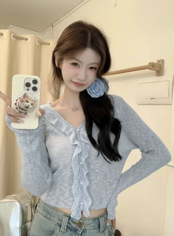 シアーフリルVネックリブカーディガン