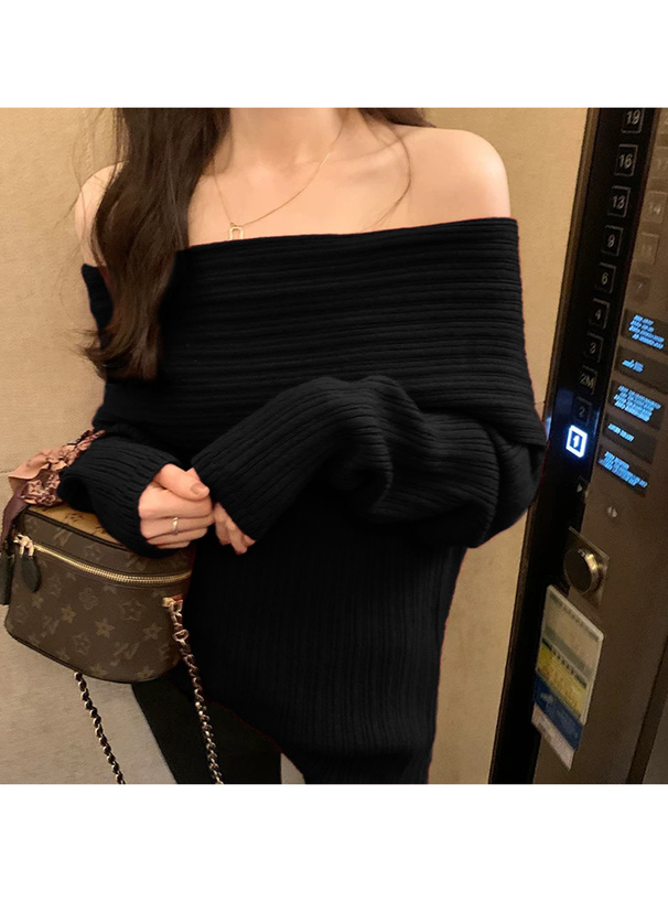 オフショルダーニットミニワンピース